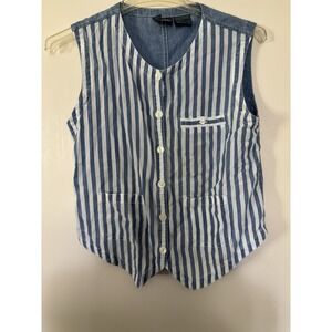 Women's Blue & White Striped‎ Button Down Vest Adorable Cottage Core Sz S